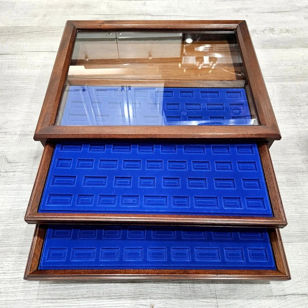 Jewelry Display Case Large Brown Wood Glass Removable 3 Tray Blue Velvet Storage